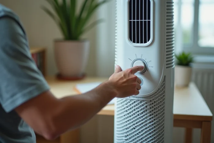 Gros plan sur le panneau de contrôle et les boutons du ventilateur Valberg avec affichage numérique