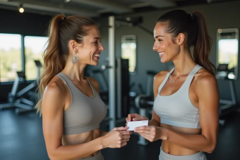 Deux femmes échangeant une carte de parrainage Basic Fit dans une salle de sport moderne