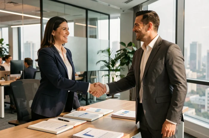 Deux professionnels concluant un partenariat commercial dans un bureau moderne, illustrant la collaboration et la réussite