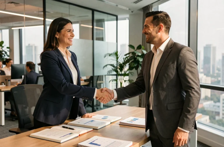 Deux professionnels concluant un partenariat commercial dans un bureau moderne, illustrant la collaboration et la réussite