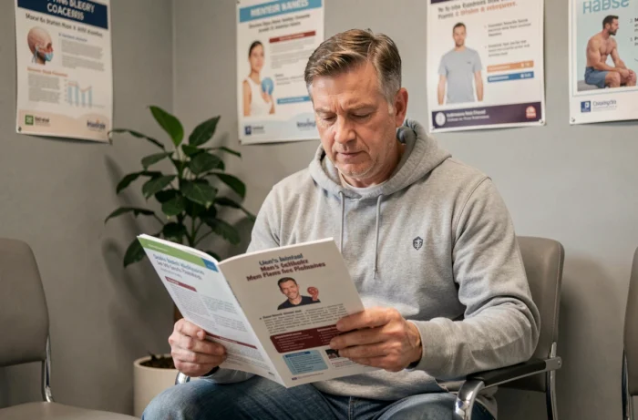 Patient lisant une brochure sur la santé prostatique masculine dans une salle d'attente médicale