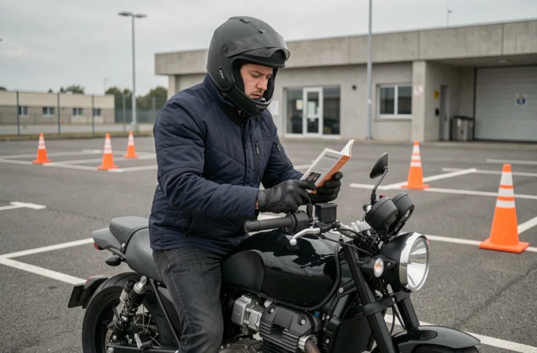 Candidat au permis moto A étudiant son livret dans un centre d'examen, assis sur une moto cylindrée sans passer par le permis A2
