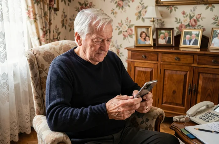 Personne âgée utilisant un smartphone pour accéder à Mon Proxima et suivre une tutelle à distance