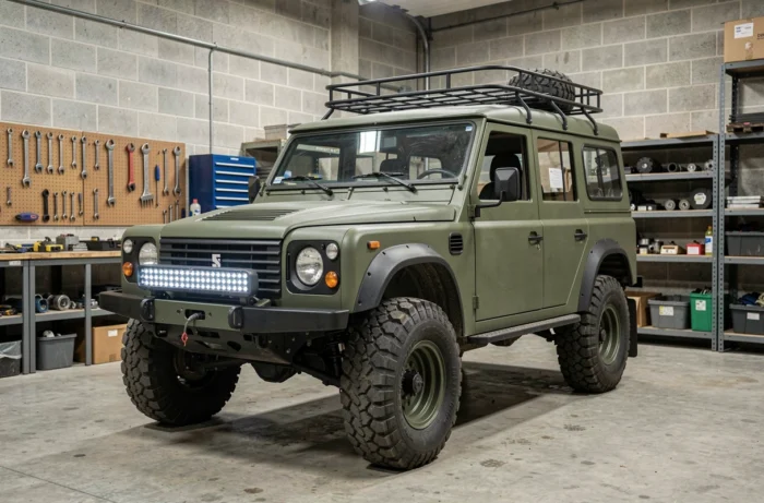 Peugeot P4 réformée restaurée et personnalisée avec suspension rehaussée et équipements 4x4 dans un garage atelier