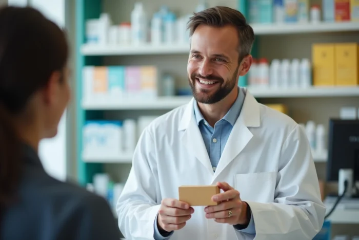 Pharmacien expliquant la durée de traitement du Daflon pour les varices à un patient en pharmacie