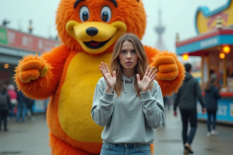 Femme adulte manifestant une phobie des mascottes face à un personnage en costume dans un parc d'attractions