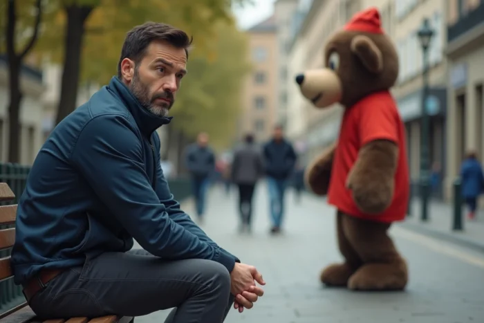 Homme adulte exprimant un malaise et une peur des mascottes en milieu urbain