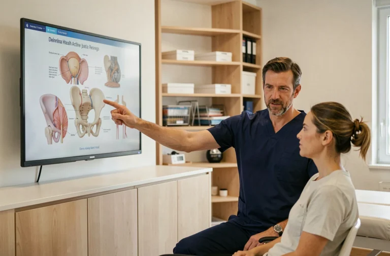 Physiothérapeute expliquant l'anatomie pelvienne à un patient dans un cabinet médical moderne