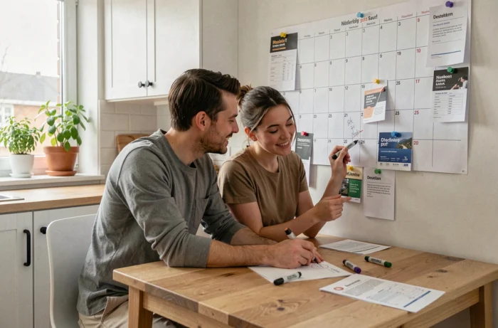Un couple marquant des dates sur un grand calendrier mural dans une cuisine moderne, entouré de fiches de prestataires et de rappels de délais pour planifier leur mariage