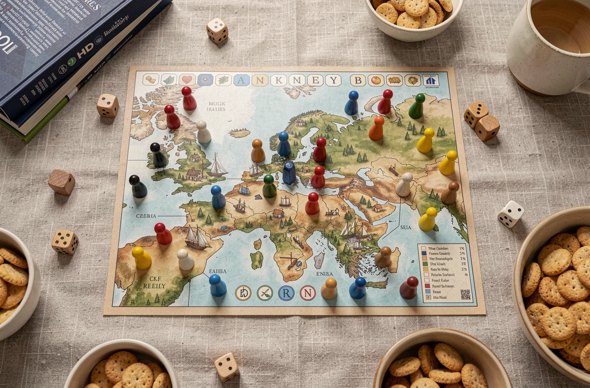 Vue aérienne d'un plateau de jeu de société en cours avec pions, dés et cartes sur une table