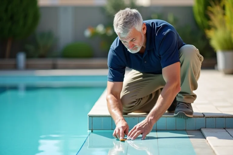 Technicien appliquant un joint époxy sur le carrelage d'une piscine extérieure avec une spatule en caoutchouc