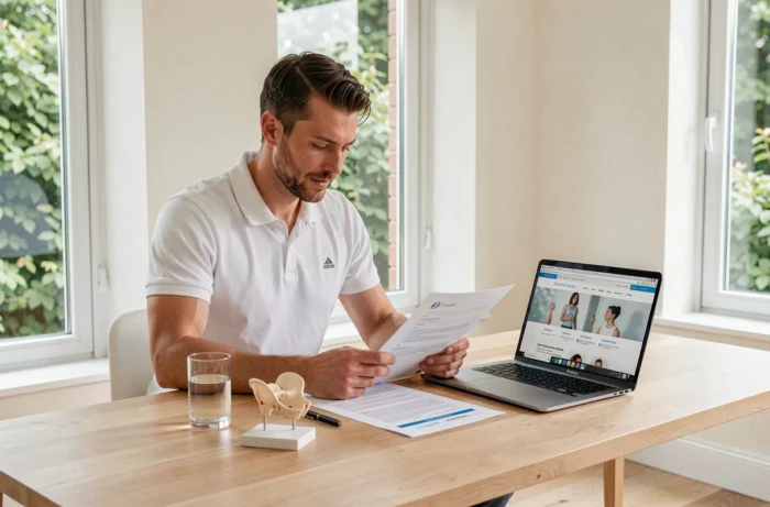Praticien en bien-être consultant un protocole de santé masculine à son bureau