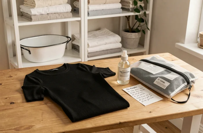 Préparation au lavage d'une robe The Kooples avec filet à linge, détergent délicat et étiquette d'entretien visible