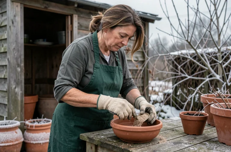 Femme préparant un mélange d'engrais dans un bol en terre cuite sur un établi de jardin en hiver