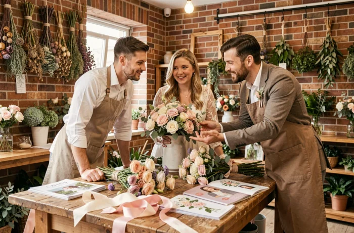 Un couple de futurs mariés en réunion avec une fleuriste autour d'une table de travail couverte d'échantillons floraux et de brochures dans un atelier de fleurs