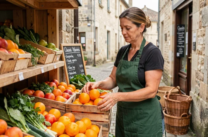 Primeur indépendante arrangeant des fruits et légumes frais devant sa boutique ouverte dans un village français