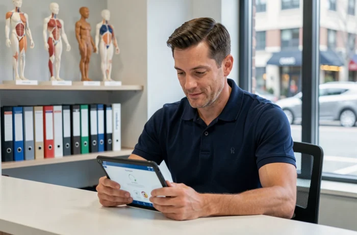 Un physiothérapeute consulte une application de bien-être sur une tablette dans une clinique de santé moderne