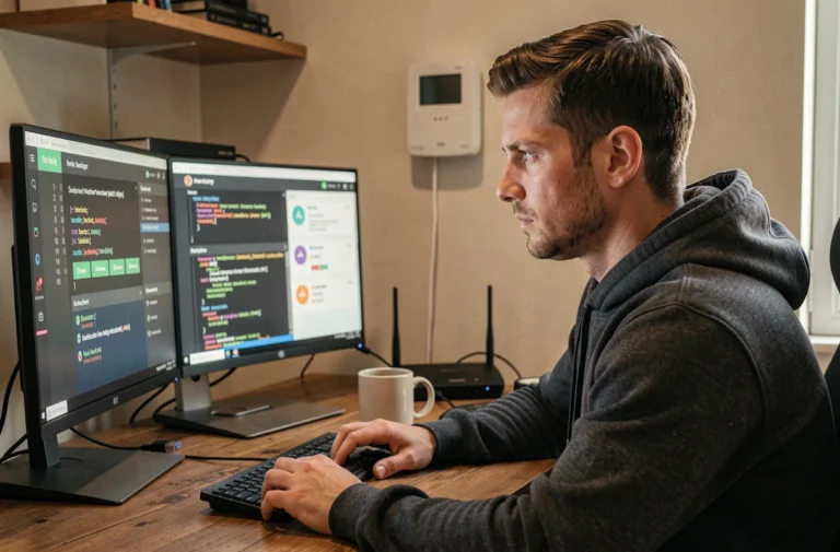 Professionnel informatique analysant des alertes de sécurité réseau sur un double écran dans un bureau à domicile