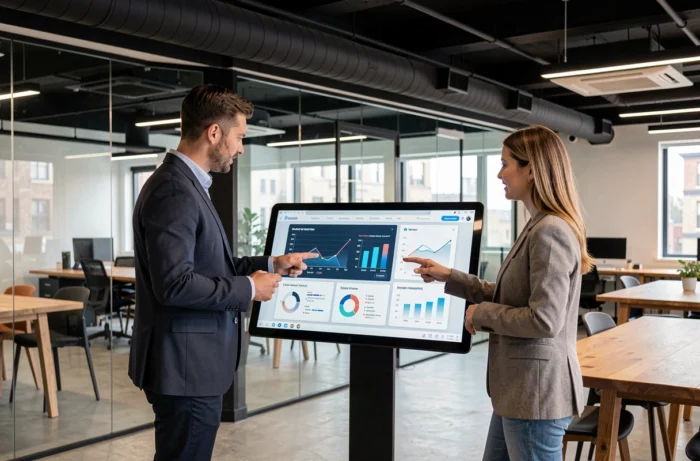 Deux professionnels analysant des tendances numériques sur une tablette interactive dans un espace de coworking