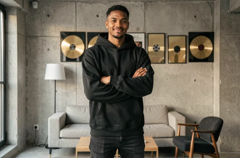 Portrait d'un rappeur français en hoodie noir dans un appartement parisien moderne avec disques d'or au mur