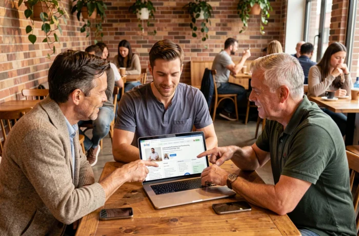 Un groupe d'adultes recherche ensemble des professionnels du bien-être locaux sur un ordinateur portable dans un café
