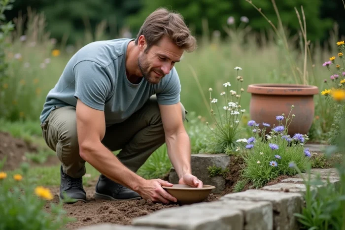 Homme installant un récupérateur d'eau artisanal parmi des fleurs sauvages dans un jardin écologique