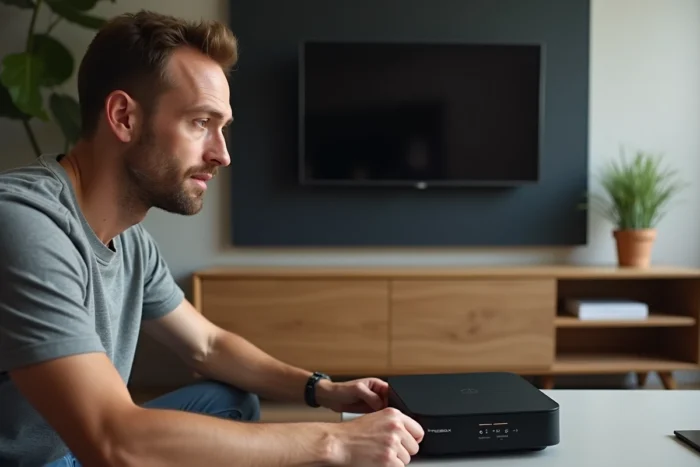 Homme appuyant sur le bouton de redémarrage de la Freebox Delta dans un salon moderne