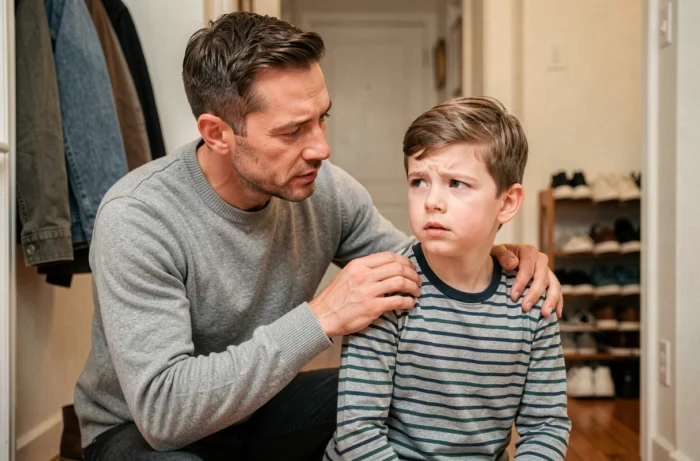 Un père pratiquant la reformulation empathique avec son fils dans le couloir de leur maison