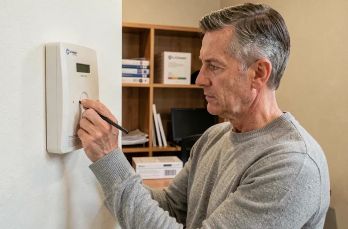 Homme réinitialisant une station météo La Crosse Technology fixée au mur en appuyant sur le bouton reset avec un stylet