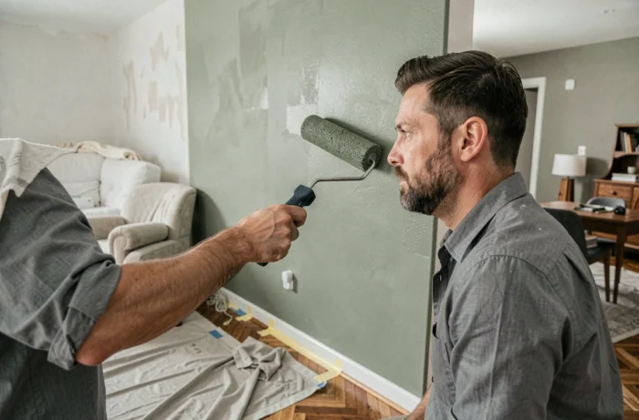 Homme peignant un mur en vert sauge dans une chambre en cours de rénovation pour transformer l'espace intérieur de sa maison