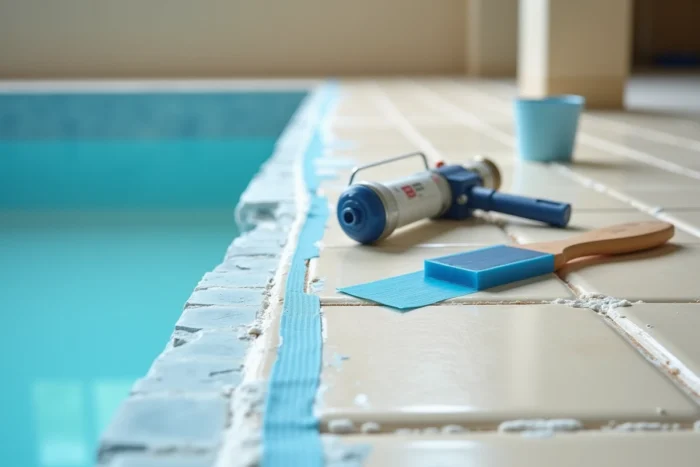 Zone de rénovation de joints époxy dans une piscine intérieure avec outils posés sur le carrelage