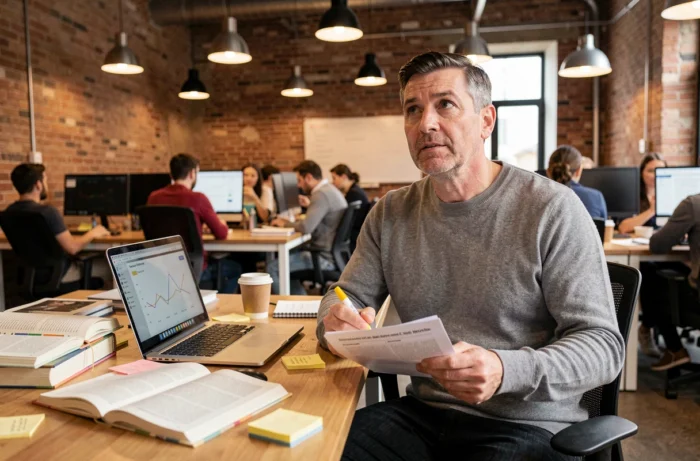Un homme concentré consultant des ressources documentaires dans un espace de coworking pour améliorer sa réussite professionnelle