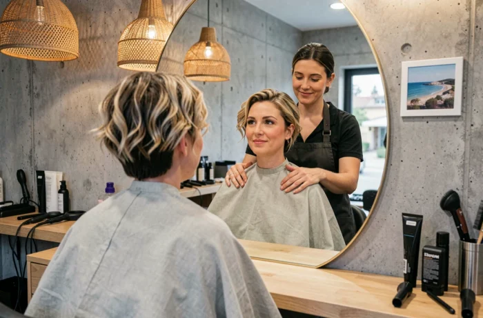 Cliente satisfaite découvrant sa nouvelle coupe courte réalisée par une coiffeuse visagiste à Capbreton dans les Landes