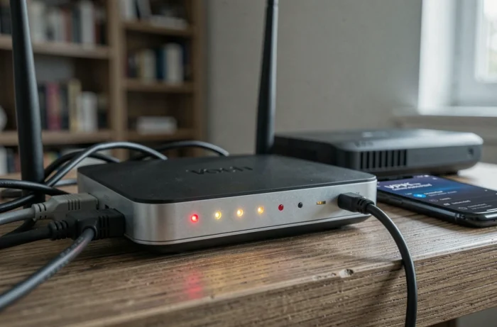 Gros plan d'un routeur domestique avec voyants d'alerte rouges et câbles réseau illustrant une vulnérabilité de connexion internet