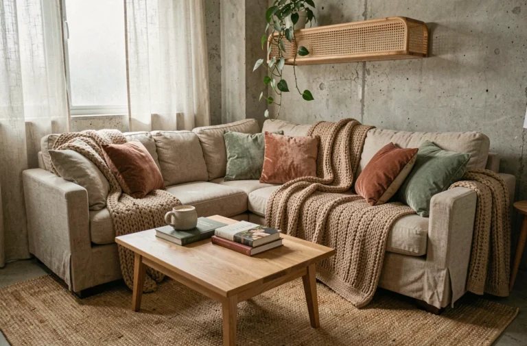 Salon cosy aménagé comme un cocon douillet avec canapé en lin, coussins velours et plante verte sur étagère en rotin