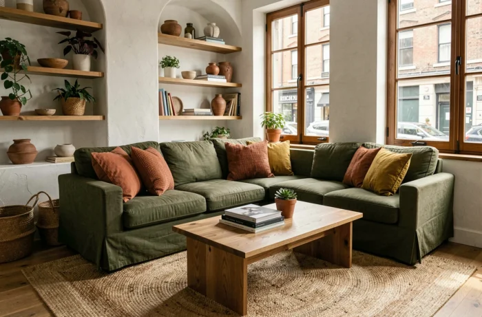 Coin salon cosy avec canapé en lin vert olive, coussins colorés, tapis en jute et table basse en chêne massif dans un appartement lumineux