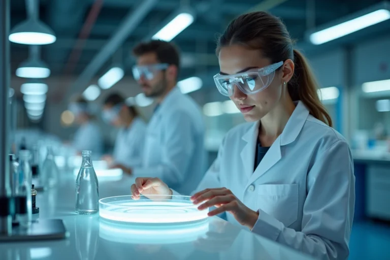 Scientifique femme examinant une boîte de Pétri dans un laboratoire de recherche moderne
