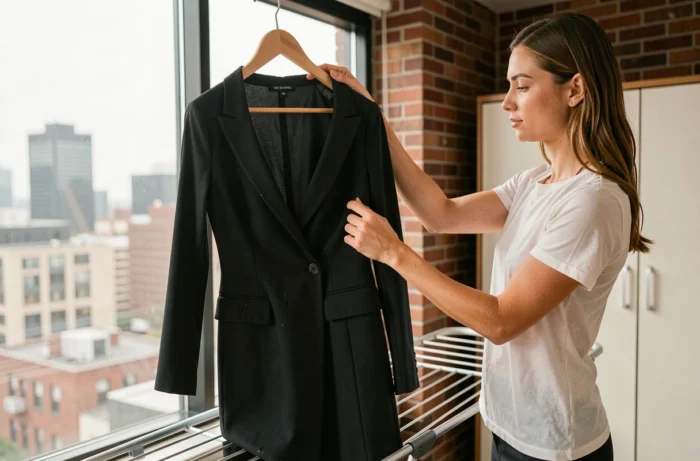 Femme suspendant une robe humide The Kooples sur un cintre rembourré pour séchage à l'air dans un appartement urbain