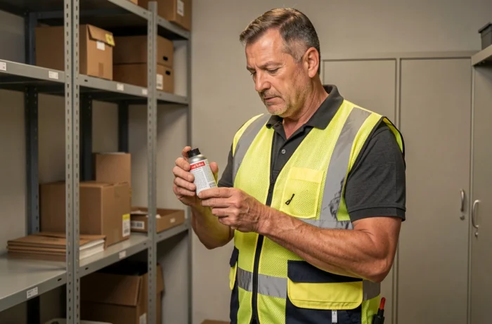 Homme en gilet de sécurité lisant les instructions d'une bombe lacrymogène dans un local de stockage