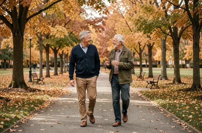 Deux seniors retraités se promenant et discutant dans un parc en automne