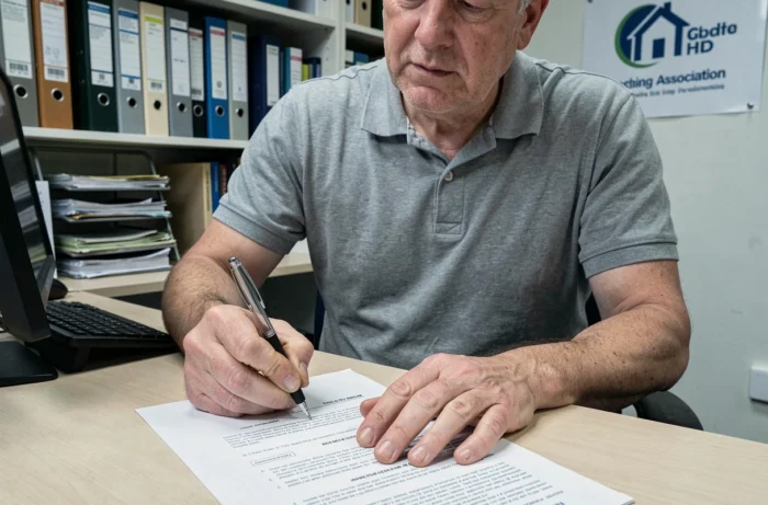 Locataire signant le renouvellement de son bail HLM dans les bureaux d'un organisme de logement social