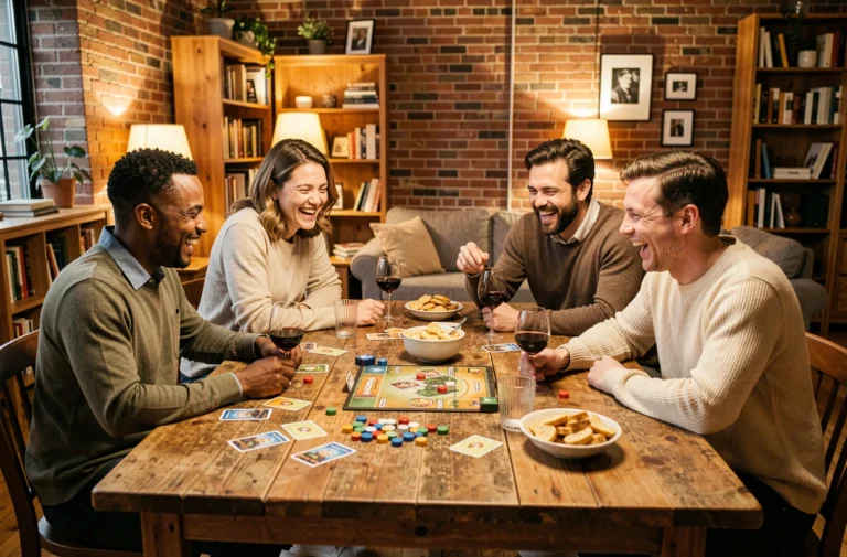 Groupe d'amis adultes jouant à des jeux de société autour d'une table en bois dans un appartement cosy
