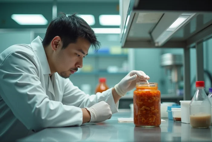 Spécialiste en sécurité alimentaire avec des gants en latex analysant un bocal de kimchi dans un laboratoire de microbiologie alimentaire