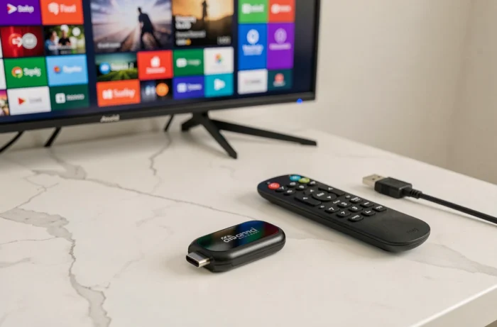 Stick Android TV et sa télécommande posés sur un bureau blanc avec une Smart TV en arrière-plan flou