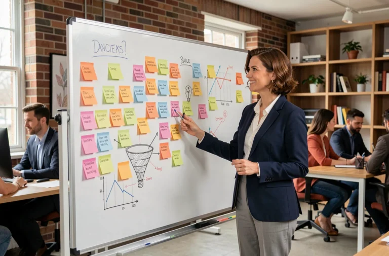 Femme professionnelle présentant une stratégie marketing devant un tableau blanc dans un bureau moderne