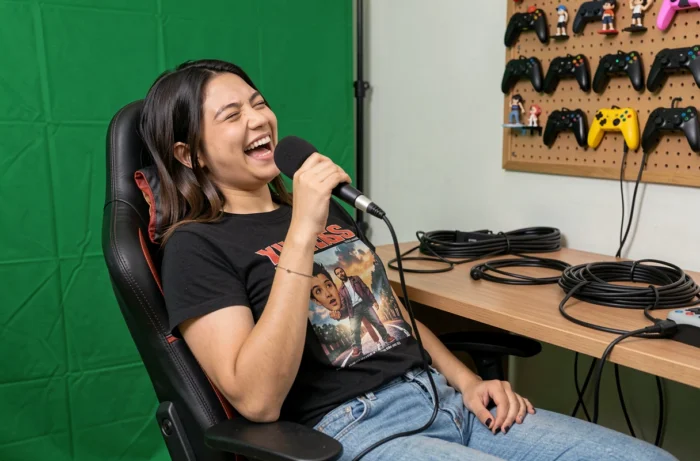 Jeune streameuse animant un live sur Twitch avec microphone et chaise gaming dans son espace de jeu