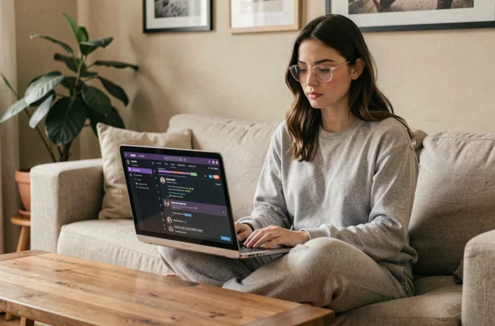 Streameuse Twitch analysant ses statistiques sur ordinateur portable dans un salon décontracté et naturel