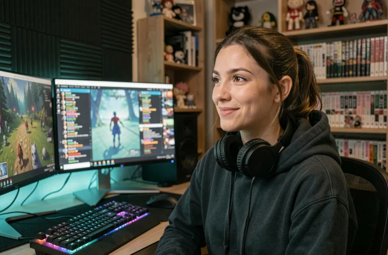 Streameuse Twitch devant ses écrans dans un studio de streaming maison avec setup gaming et décoration geek