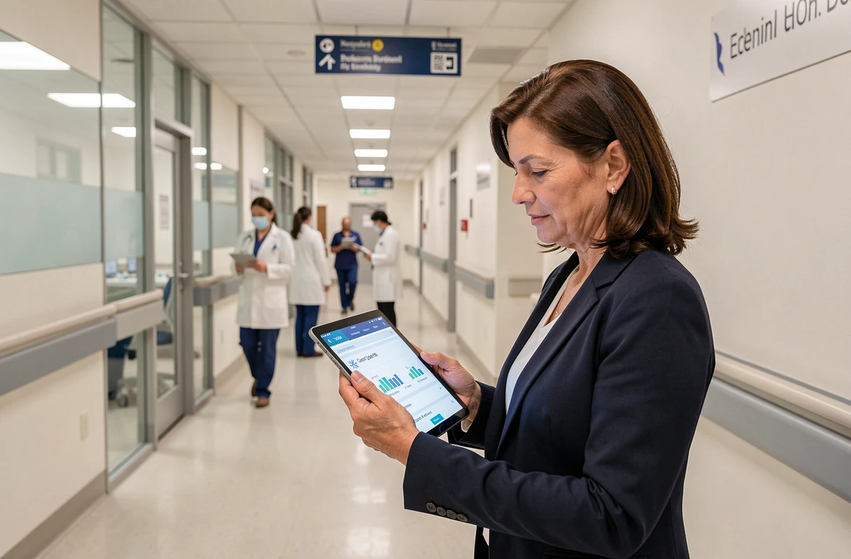 Administratrice hospitalière analysant des données de conformité médicale sur une tablette dans un couloir d'hôpital moderne