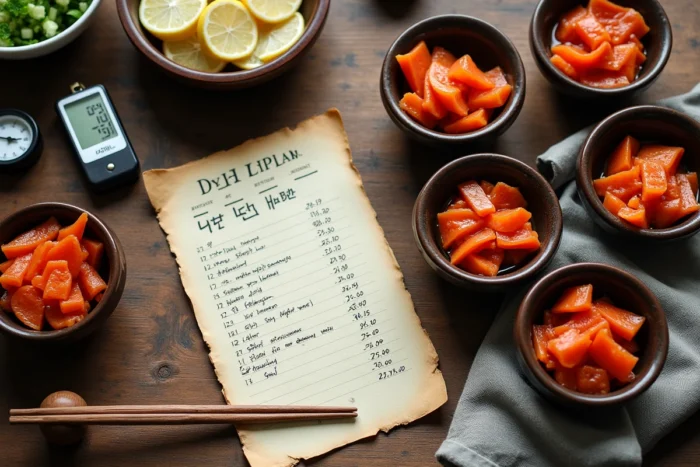 Vue de dessus d'une table de cuisine coréenne avec bols de kimchi en céramique, journal de fermentation manuscrit et thermomètre numérique